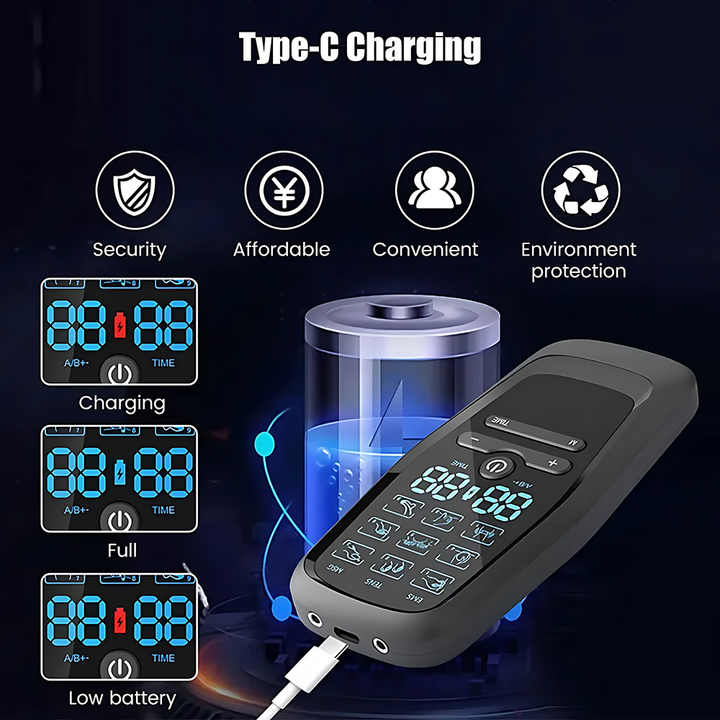 NNEDSZ Dual Output EMS/TENS Massage Device with 9 Modes and Type-C Charging, (8 Adhesive Pads)